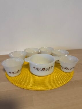 Vintage Dynaware Milk Glass Casserole and Bowls with Brown Daisy Pattern